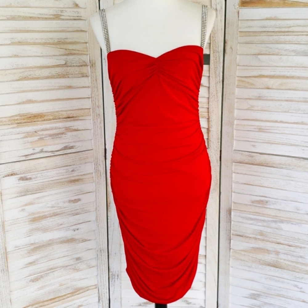 Moda international ruched dress w rhinestone strap